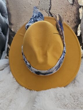 Mustard Yellow Felt Fedora with Patterned Band and Feather